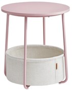 Mesa lateral redonda Vasagle, mesa de centro pequena, mesa de sala de estar com cesto de tecido, espaço de armazenamento para sala de estar, quarto, moderna, rosa pastel/branco nuvem, LET223R61