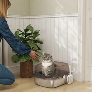 Caixa de Areia para Gatos Fechada com Bandeja em Aço Inoxidável Bordas Altas Pá para Gatos Grandes 53x42x27 cm Cinzento