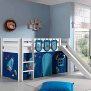 Conjunto Cama alta de Criança PINO 90 x 200 cm + estrado + escada + escorrega + cortina + 3 bolsas Astronauta branca