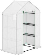 Outsunny Estufa de Jardim Pequena de 3 Níveis com 6 Prateleiras Porta Enrolável e Capa de PE 143x74x190 cm Branco | Aosom Portugal