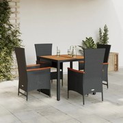 vidaXL 5 pcs conjunto de jantar p/ jardim c/ almofadões vime PE preto