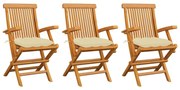 vidaXL Cadeiras de jardim c/ almofadões branco nata 3 pcs teca maciça
