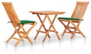 vidaXL Conjunto bistrô c/ almofadões verdes 3 pcs teca maciça