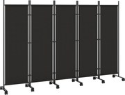 Outsunny Biombo Dobrável de 5 Painéis com 12 Rodas 252x170 cm Biombo Separador de Ambientes Preto | Aosom Portugal