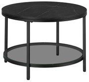 Mesa de centro redonda, imitação mármore, prateleira em vidro, estilo moderno, cor preto mármore/preto