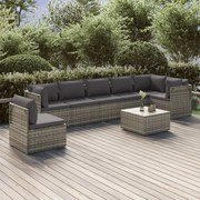 8 pcs conjunto lounge de jardim c/ almofadões vime PE cinzento