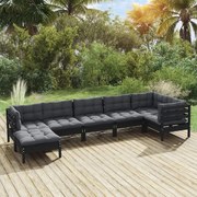 vidaXL 7 pcs conjunto lounge jardim c/ almofadões pinho maciço preto