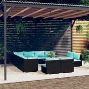 12 pcs conjunto lounge de jardim c/ almofadões vime PE preto