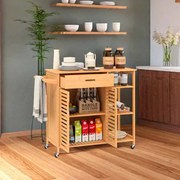 Carrinho de cozinha 104 x 40 x 89 cm com ilha de 90 cm com rodas em bambu Gaveta Prateleiras Natural