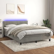 Cama box spring c/ colchão/LED 140x190 cm veludo cinzento