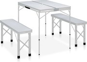 vidaXL Mesa de campismo dobrável com 2 bancos alumínio branco