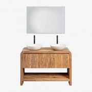 Conjunto De Móvel De Casa De Banho Em Madeira Vacry Castanho Acácia & 2 X Cimento Branco Redondo Ø40 Cm Zavion & Led - Sklum
