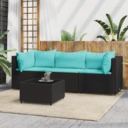 4 pcs conjunto lounge de jardim c/ almofadões vime PE preto