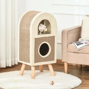 Árvore Arranhador para Gatos de 2 Níveis com Caverna de Sisal Natural e Pelúcia Teto Arqueado Bola de Brincar e 4 Pés Elevados de Madeira 40x34x91cm B