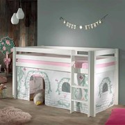 Conjunto Cama alta de Criança PINO 90 x 200 cm + estrado + escada + cortina Passaros Branca