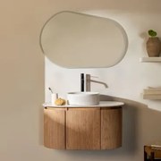 Conjunto De Móvel De Casa De Banho Suspenso Em Madeira Carsone Madeira Natural & Sem Unidade Auxiliar & Cerâmica Redonda Riscas Brancas - Sklum