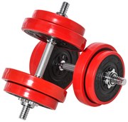 HOMCOM Conjunto de Halteres 20kg Ajustáveis 2 em 1 com 8 Discos 2 Barras e Extensor Ajustável para Treinamento de Força Levantamento de Pesos para Casa Academia Preto e Vermelho