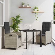 vidaXL Conjunto de Jantar de Jardim com 3 Peças e Almofadas em Rattan Poliéster Cinza Claro