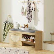 Banco Sapateira com Assento Acolchoado Portas em Vime Prateleira Ajustável para 8 Pares de Sapatos 104,5x24x48 cm Madeira