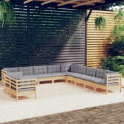 11pcs conjunto lounge de jardim + almofadões cinza pinho maciço