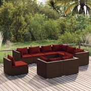 9 pcs conjunto lounge de jardim c/ almofadões vime PE castanho