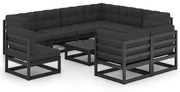 10 pcs conjunto lounge jardim c/ almofadões pinho maciço preto