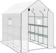 Outsunny Estufa de Jardim de 3 Níveis com 12 Prateleiras Porta Enrolável Janelas Anti-UV Cobertura de PE 140x213x190 cm Branco | Aosom Portugal