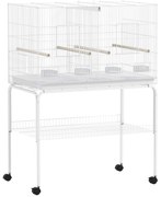 PawHut Gaiola para Pássaros com Divisória Rodas Gaiola para Aves com Comedouros Poleiros e Bandeja Removível 94x57x128 cm Branco