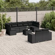 vidaXL 10 pcs conjunto sofás de jardim c/ almofadões vime PE preto
