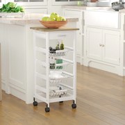 Carrinho de cozinha 37 x 37 x 82 cm com rodas e vários compartimentos: 4 cestos de metal + gaveta de pinho,, branco