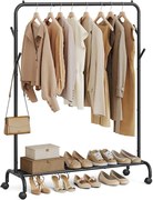 Cabideiro SONGMICS, Suporte para Roupas, Varal Individual para Pendurar Roupas, Estrutura de Metal Resistente, com Rodas e Prateleira, Carga Máxima Total de 50 kg, 103,5 cm de Largura, Armazenamento de Roupas, Tinta Preta HSR131B01