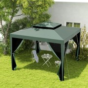 Pérgola de Jardim com 4 Mosquiteiras Teto Duplo 8 Orifícios de Drenagem e Estrutura de Metal 297x297x268 cm Verde