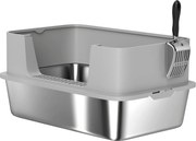 PawHut Caixa de Areia para Gatos em Aço Inoxidável XL Caixa de Areia para Gatos com Borda Alta e Pá 60x40x29,5 cm Cinzento | Aosom Portugal