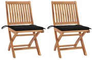 vidaXL Cadeiras de jardim c/ almofadões pretos 2 pcs teca maciça