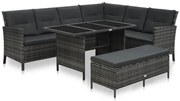 3 pcs conjunto lounge de jardim c/ almofadões vime PE cinzento