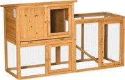 PawHut Casa para pequenos animais com recinto, bandeja de fundo removível, resistente às intempéries, 141 cm x 60 cm x 86 cm, Castanho | Aosom Portugal
