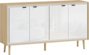 HOMCOM Buffet de alto brilho, móvel de arrumação com 4 portas, prateleiras ajustáveis, 141 x 35 x 77 cm, branco e carvalho | Aosom Portugal