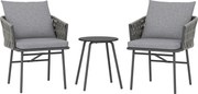 Outsunny Conjunto de móveis exteriores 3 peças, 2 cadeiras, 1 mesa, conjunto bistrô, rattan sintético, estrutura de aço, mesa metálica, 4 almofadas, cinza | Aosom Portugal