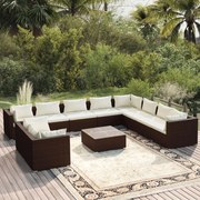 11 pcs conjunto lounge de jardim c/ almofadões vime PE castanho