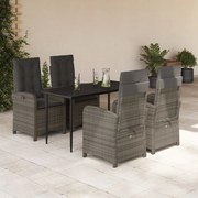 5 pcs conjunto de jantar p/ jardim c/ almofadões vime PE cinza