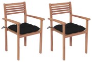 Cadeiras de jardim c/ almofadões pretos 2 pcs teca maciça