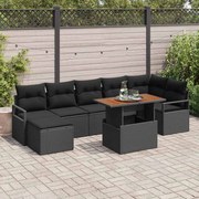 vidaXL Conjunto de Sofá de Jardim de 8 Peças com Almofadas Pretas de Rattan Sintético e Acácia.