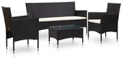 4 pcs conjunto lounge de jardim c/ almofadões vime PE preto