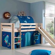 Conjunto Cama alta de Criança PINO 90 x 200 cm + estrado + escada + escorrega + cortina + túnel Astronauta Natural