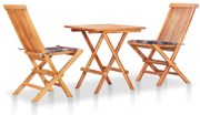 vidaXL Conjunto bistrô c/ almofadões xadrez vermelho 3 pcs teca maciça