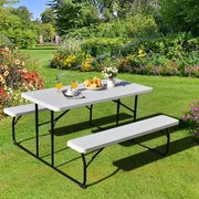 Conjunto de mesa piquenique, campismo dobrável e 2 bancos portátil retangular conjunto de mesa de camping ao ar livre para  jardim Branco