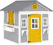 Outsunny Casa de Madeira Infantil com Porta Janelas Floreiras e Prateleiras Casa de Brincar de Madeira 112x126x135 cm Cinza | Aosom Portugal