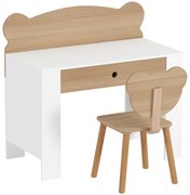 AIYAPLAY Secretária para Crianças com Cadeira em Forma de Ursinho Secretária Infantil com Gaveta para Estudar Ler e Desenhar Branco e Madeira | Aosom Portugal