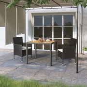 vidaXL 3 pcs conjunto jantar p/ jardim vime PE e acácia maciça preto