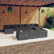 11 pcs conjunto lounge de jardim c/ almofadões vime PE cinzento